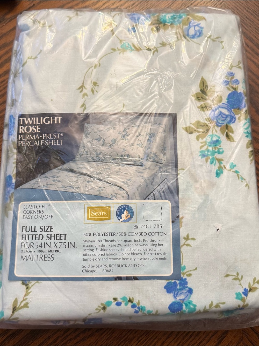 Sears Perma-Prest Full Fitted Sheet Percale Twilight Rose Blue Sealed Vintage